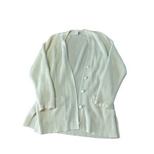 Vintage Yarnworks Cream Ribbed Knit Cardigan with Lace Trim Women's Large Chunky